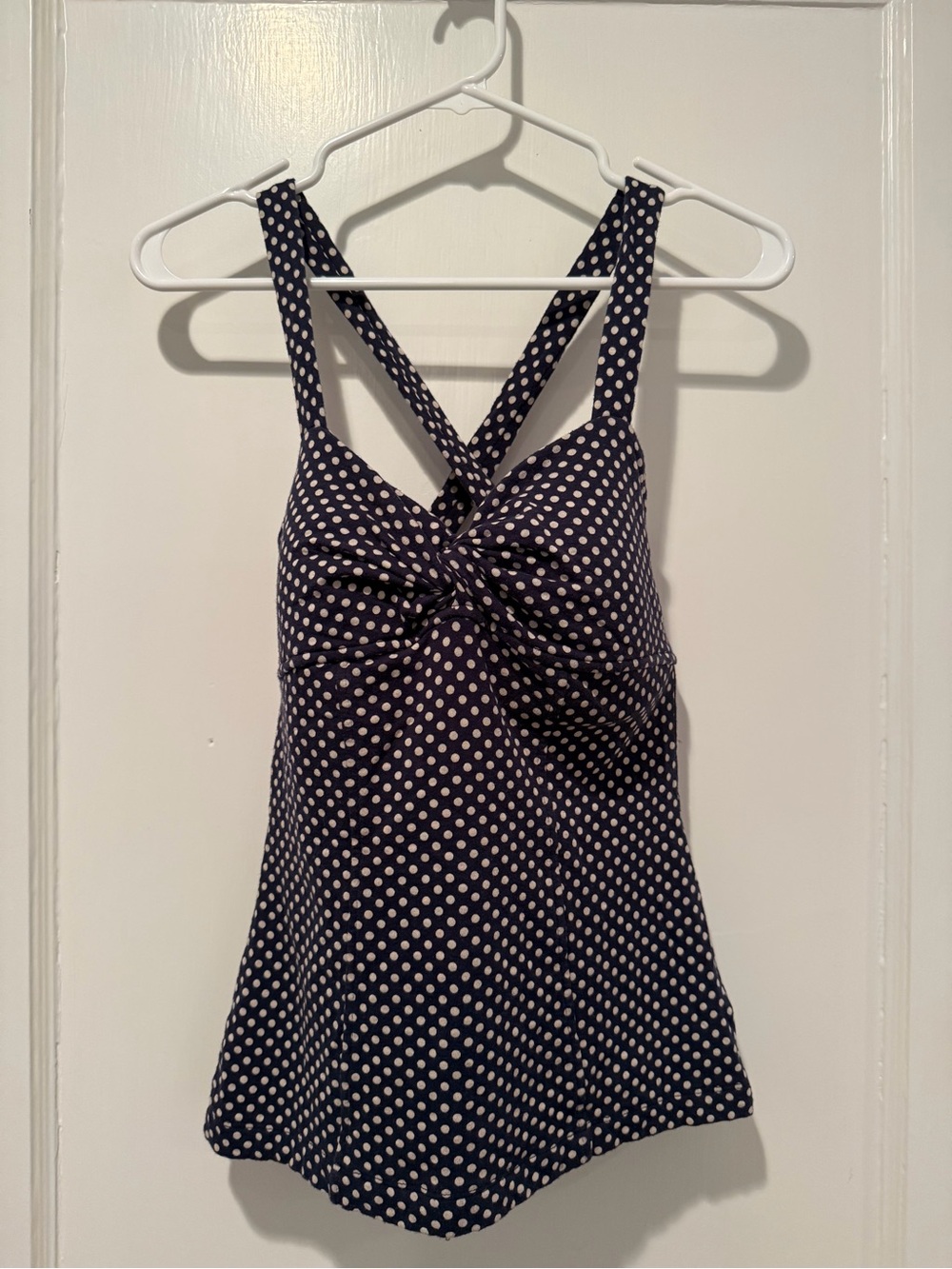 Anthropologie Navy Polka Dot Twist Front Going Out Top Size Small